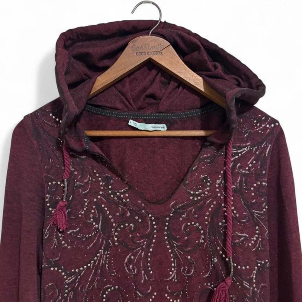 Maurices Maroon Rhinestone Embellished Foil Scroll Pullover Hoodie - Size S